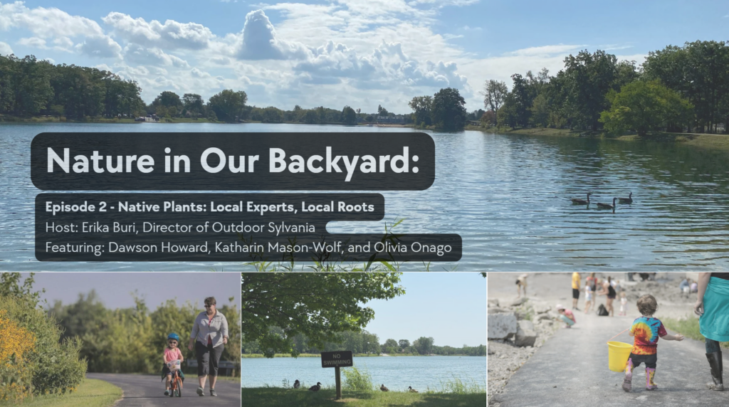 Banner for 'Nature in Our Backyard: Episode 2 - Native Plants: Local Experts, Local Roots' over a lake and trees; hosts and guests listed in rounded-rectangle overlays.