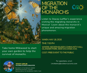 Event poster about monarch butterfly migration: butterflies fill the left, with dark green panels on the right showing the speaker Stacey Leffler, event details (date, time, location) and a tip to take home Milkweed to help monarchs.