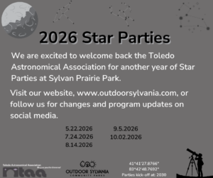 Poster for 2026 Star Parties by the Toledo Astronomical Association at Sylvan Prairie Park, showing dates and the outdoorsylvania.com website.
