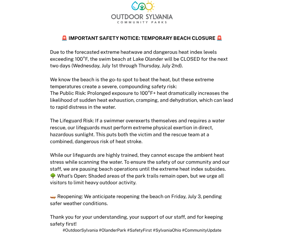 IMPORTANT SAFETY NOTICE: TEMPORARY BEACH CLOSURE