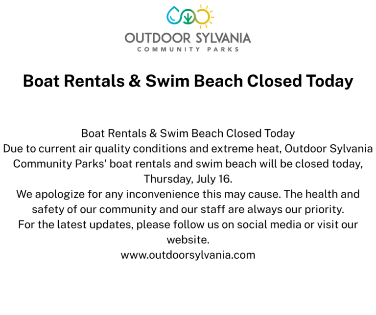 Boat Rentals & Swim Beach Closed Today